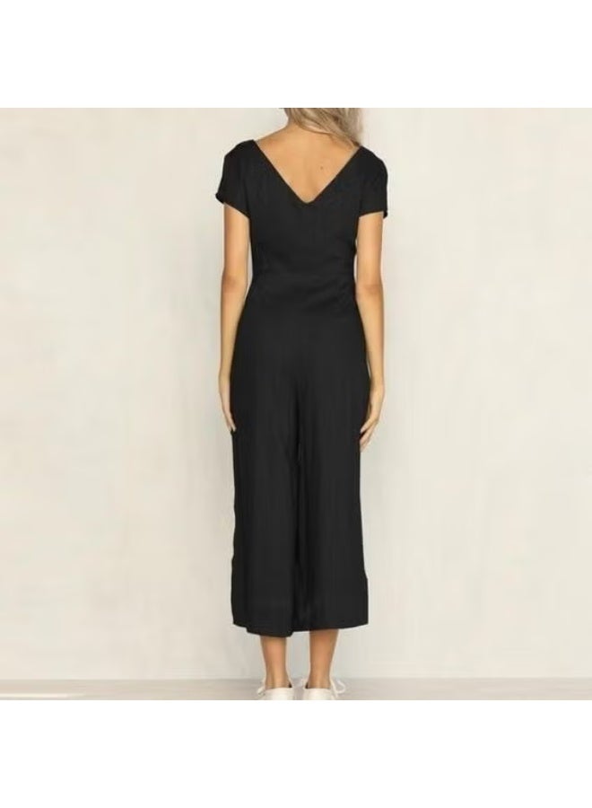 Barbora Linen Casual Summer V Neck Short Leg Design Women's Jumpsuit LN1010BLACK4 - Image 2